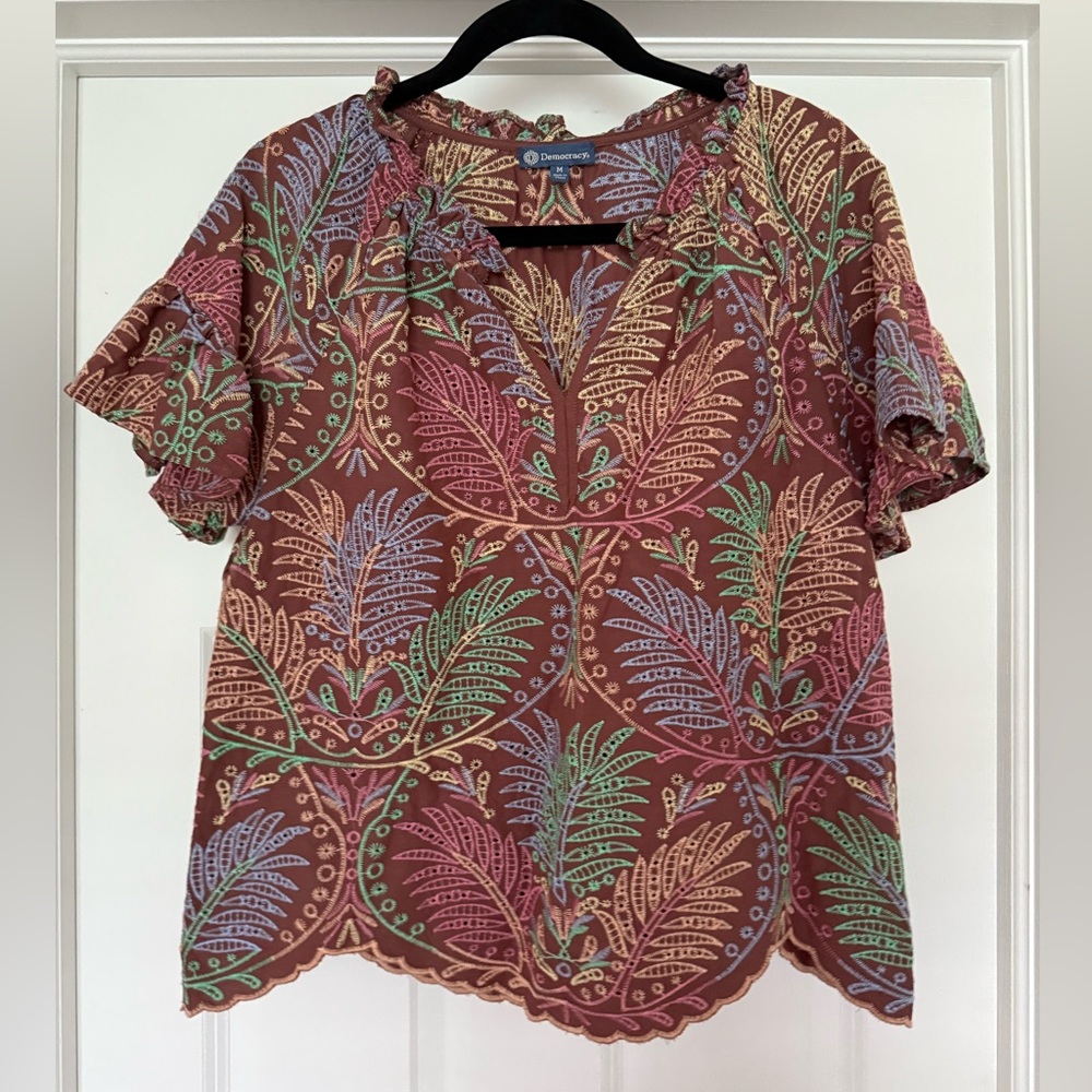Democracy Pink Green Blouse with Peter Pan Collar